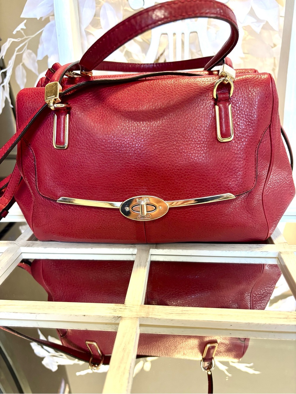 Coach Madison Madeline Red Leather East/West Satchel with turn-lock.